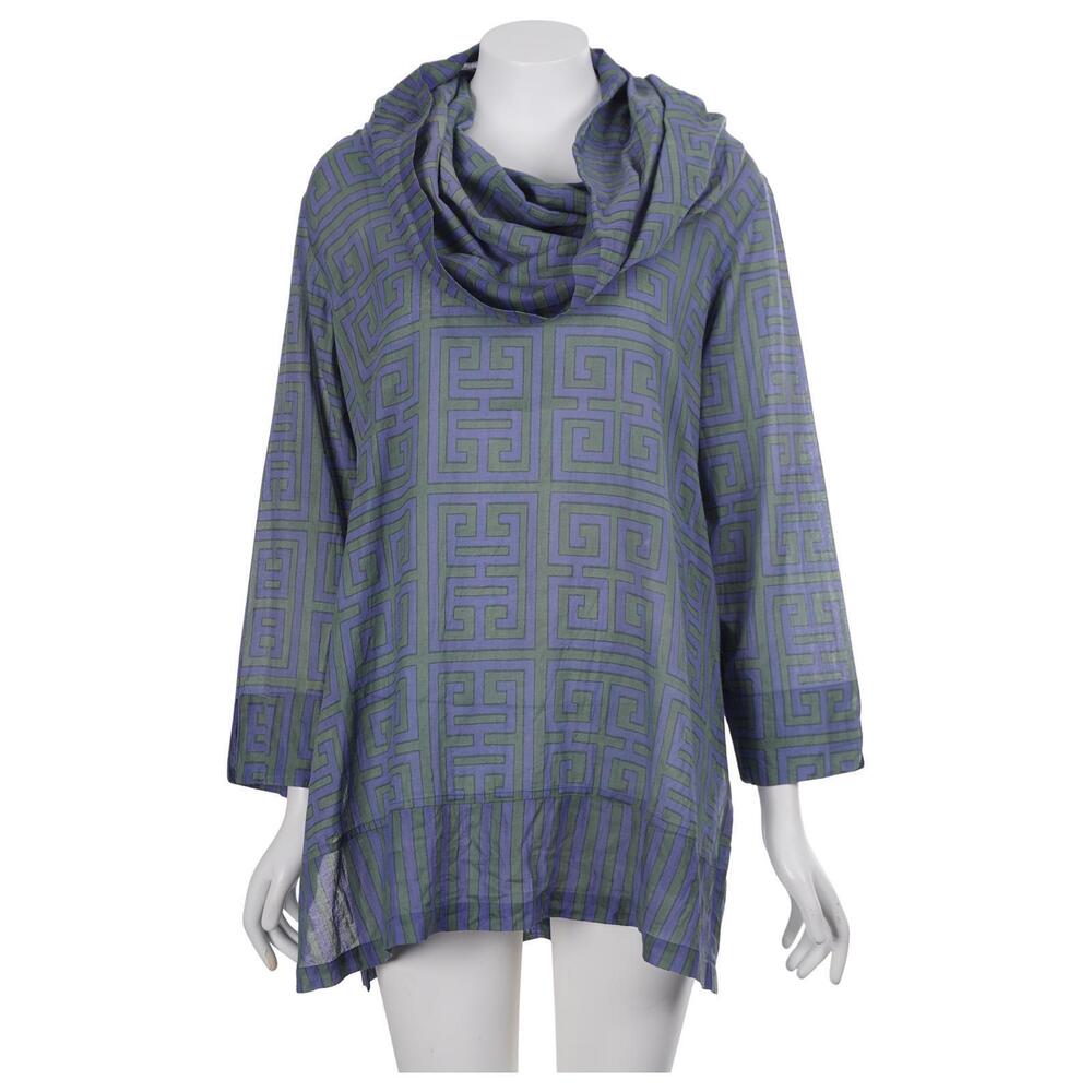 Gretchen Scott Tunic Top L Blue Green Greek Key Lightweight Cotton Cowl Neck